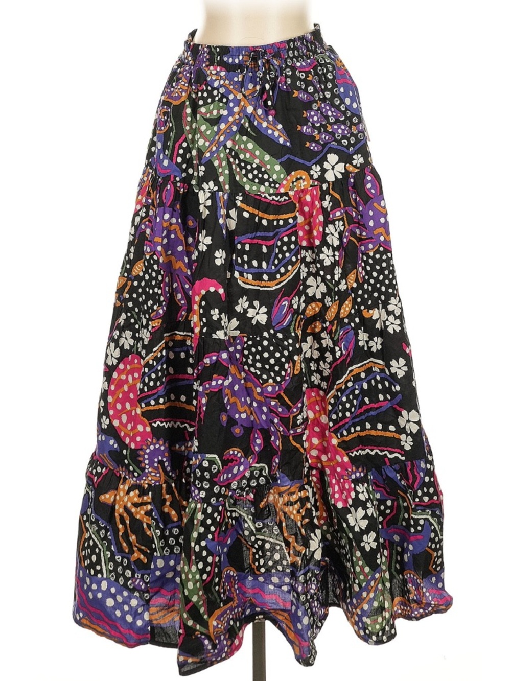 Aqua Black Maxi Skirt with Multicolor Floral & Dot Print